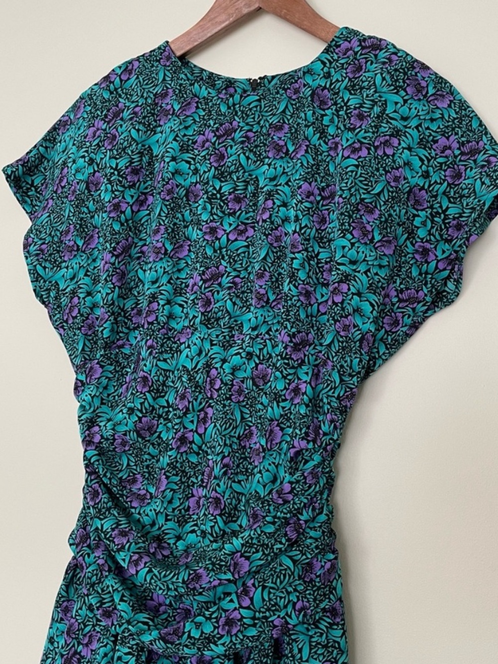 Vintage 80s Union Made Peplum Dress Teal Purple Floral Made in Canada Pantel - Picture 4 of 14